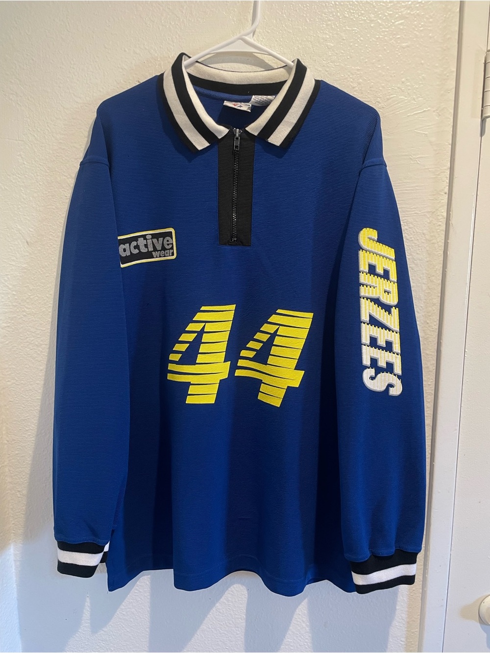 Vintage Jerzees Active Wear 44 Long Sleeve Quarter Zip Polo Shirt Blue Men's L